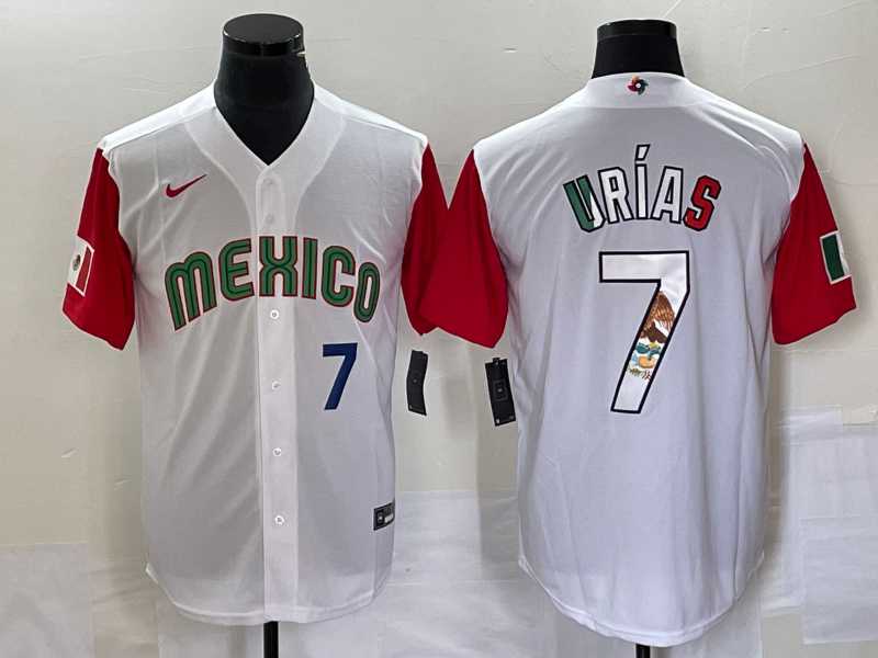 Mens Mexico Baseball #7 Julio Urias Number 2023 White Red World Classic Stitched Jersey12